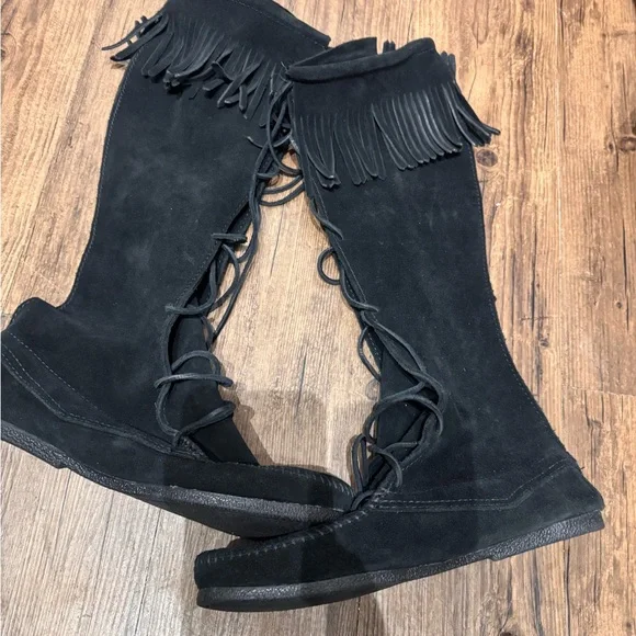 Minnetonka Black Suede Fringe Knee-High Boots - Picture 2 of 7